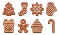 Set of christmas gingerbread cookies. Cute ginger bread man, tree, sock, snowflake, mittens, gift box, house and candy cane. Vecto Royalty Free Stock Photo